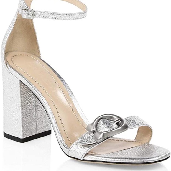 COACH Maya Signature C-Buckle Metallic Silver Leather Sandals Block Heel Pumps 6 - Picture 5 of 12